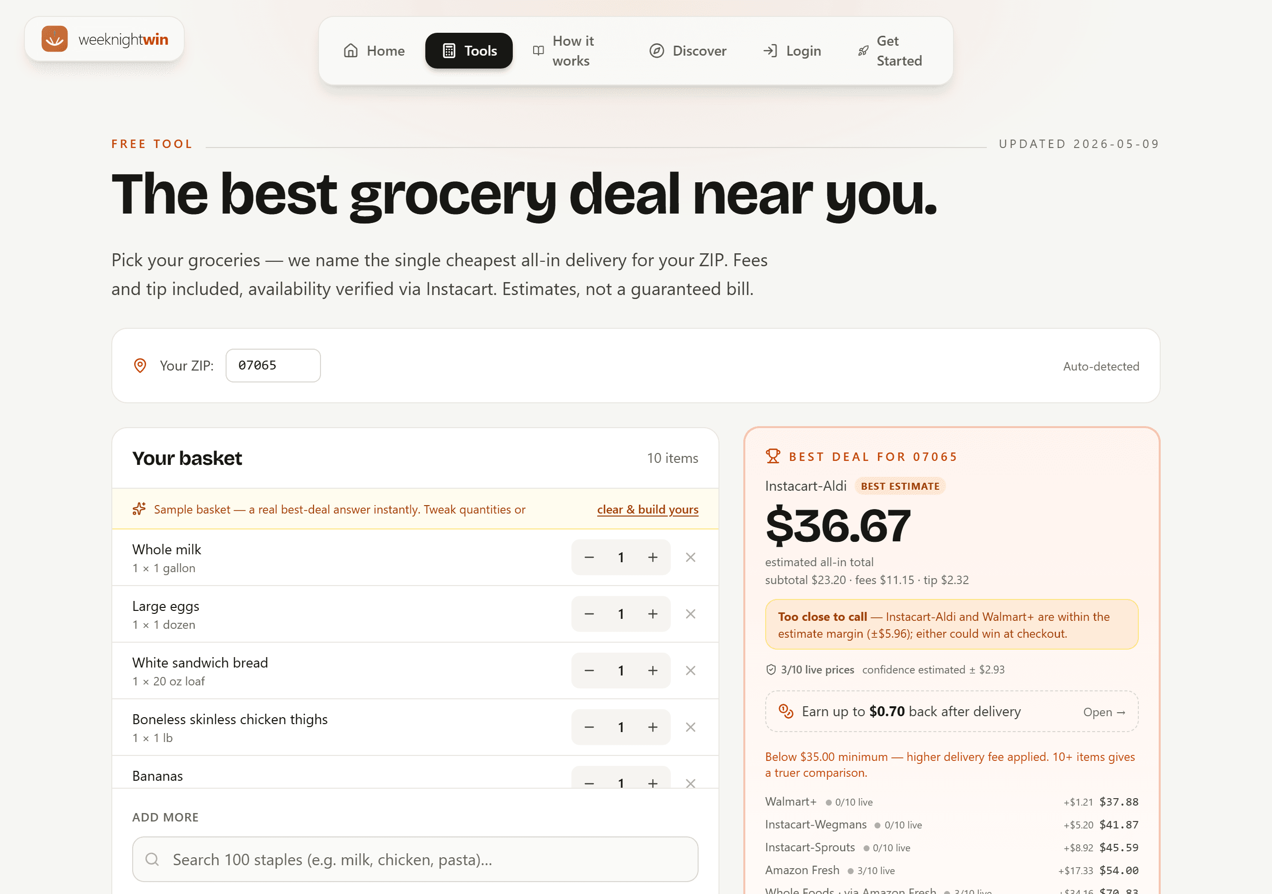Production screenshot of the Best Deal Finder tool showing a 10-item basket and Instacart-Aldi named the best estimate at $36.67 all-in for ZIP 07065